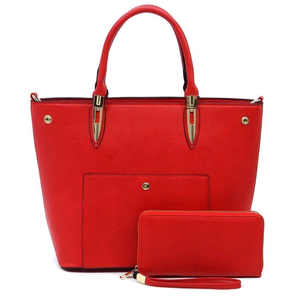 Women's Red Fashion Top Handle Satchel Work Tote Bags 2pcs Set